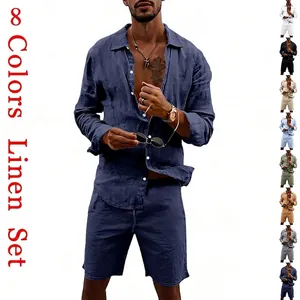 Men's two-piece linen shirt and shorts set available in eight different solid colors