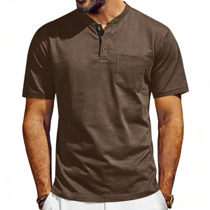 Men's retro brown short sleeve Henley t-shirt with front pocket and three-button placket