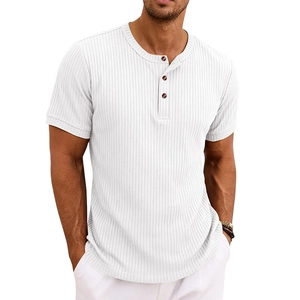 Slim fit men's white short sleeve Henley shirt with ribbed texture and brown buttons
