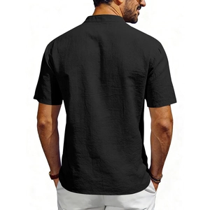 Back view of a black short-sleeve linen shirt for men with breathable fabric texture