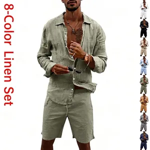 Men's two-piece linen set with long-sleeve shirt and casual shorts in olive green color