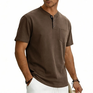 Detail view of brown men's Henley shirt featuring a three-button collar and chest pocket