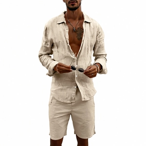 Men's summer linen set with long-sleeve button-down shirt and casual shorts in khaki