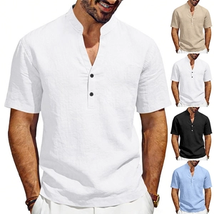 Men's linen Henley shirt with short sleeves and buttons in white, khaki, black and blue