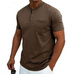 Close-up of a men's brown cotton Henley shirt showing three-button neckline and chest pocket
