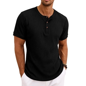 Men's slim fit black ribbed short sleeve Henley t-shirt with three-button neckline