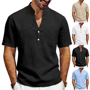Men's casual linen short sleeve Henley shirt with mandarin collar in four solid colors