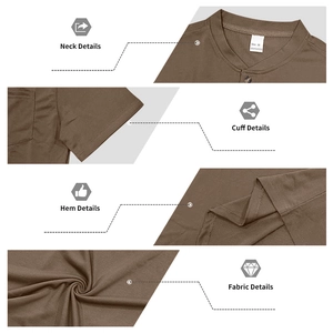 Detailed views of Henley shirt neck, cuffs, hem stitching, and polyester fabric texture