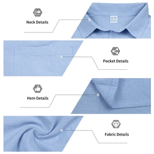 Detail view of men's linen shirt showing 95% linen fabric texture and M size label