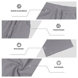 Detailed views of men's casual linen pants showing drawstring waist and pocket textures