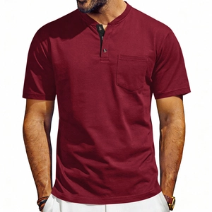 Close-up of burgundy men's Henley shirt featuring a chest pocket and buttoned neckline