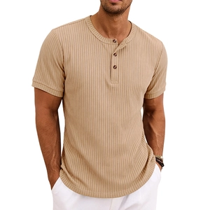 Men's khaki slim fit short sleeve ribbed knit Henley shirt with button placket