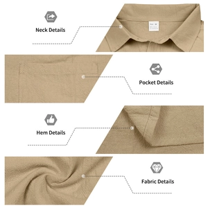 Detail view of linen blend fabric texture, collar cut, chest pocket and flat hemline