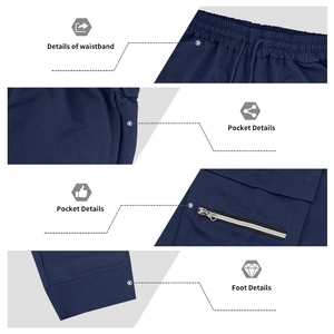 Detail view of navy blue cargo pants showing drawstring waist and functional zip pockets