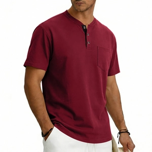 Close-up of burgundy men's Henley shirt with button neckline and chest pocket detail