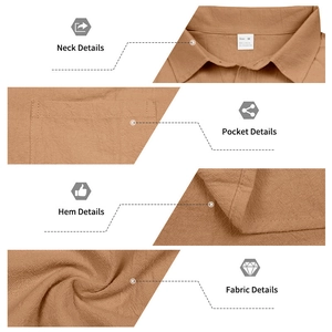 Detail view of linen blend summer shirt showing collar, pocket and 95% linen fabric texture