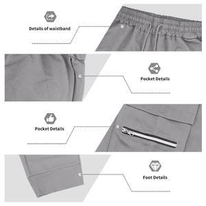 Detailed views of elastic drawstring waistband, side pockets and cuffed leg openings