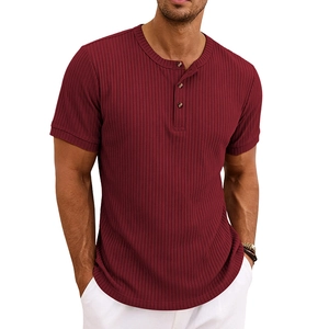 Men's slim fit short sleeve ribbed Henley shirt in deep burgundy with three-button placket