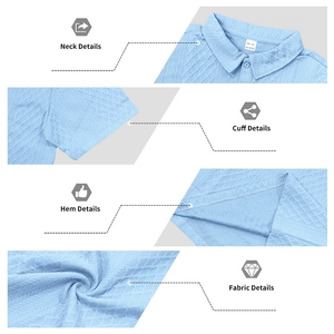 Dettaglio ravvicinato della polo azzurra con tessuto jacquard e colletto a costine