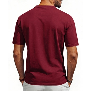 Rear view of a men's burgundy cotton short-sleeved Henley t-shirt in regular fit