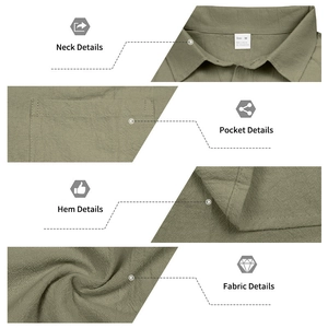 Detail showing sage green linen texture, lapel collar, and chest pocket of the men's shirt