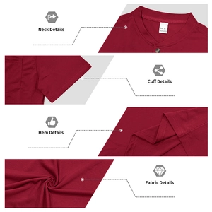 Detailed views of burgundy Henley t-shirt featuring 100% polyester fabric and fine stitching