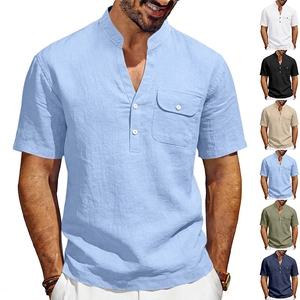 Herren Leinen-Henley-T-Shirt mit V-Ausschnitt und Tasche in verschiedenen Farben