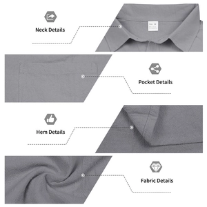 Detail of grey linen shirt showing collar, chest pocket, and high-quality fabric texture