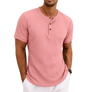 Men's slim fit ribbed short sleeve Henley shirt in textured light pink stretch fabric