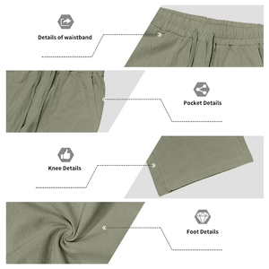 Detailed close-up of drawstring waist and side pocket on men's linen beach trousers