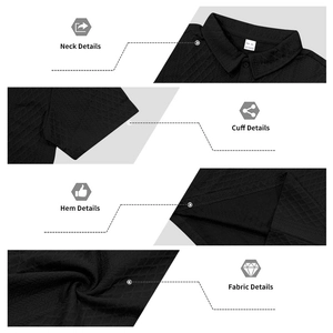 Dettaglio della polo nera da uomo che mostra la complessa trama in maglia jacquard