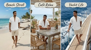 Detailansichten von Herren-Leinenhemd mit Schnürung und Shorts in Urlaubsatmosphären
