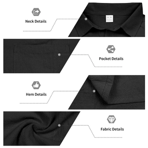 Detail view of black linen blend shirt showing collar, pocket, and 95% linen fabric texture