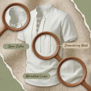 Detailansicht der weißen Leinen-Herrenbluse mit Kordelzug und elegantem Stehkragen