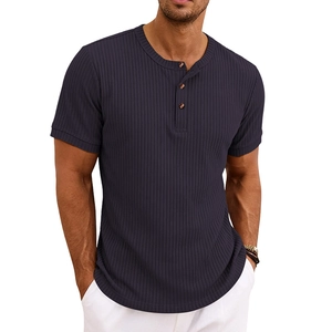 Slim fit men's ribbed henley shirt in dark grey purple with elastic vertical texture