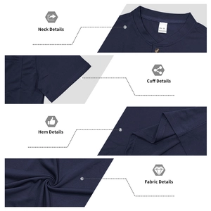 Detail view of navy blue Henley shirt featuring standing collar and polyester fabric texture