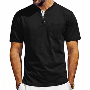 Detail of men's black Henley t-shirt featuring three-button placket and chest pocket
