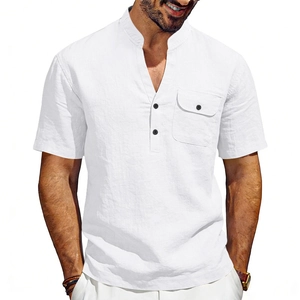 Weißes Leinen-Henley-Shirt für Herren mit kurzen Ärmeln und geknöpfter Brusttasche