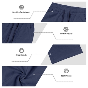 Detailed views of the elastic waistband, drawstring, and fabric texture of navy linen pants