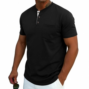 Detail of black Henley shirt with white contrast placket and functional chest pocket
