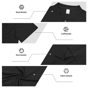 Detail view of contrast stitch neckline and sleeve of black polyester henley shirt