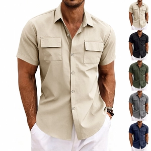 Men's cargo style short sleeve polo shirt with dual pockets and turn-down collar