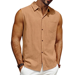 Men's camel sleeveless linen shirt with turndown collar and pocket for beach vacation