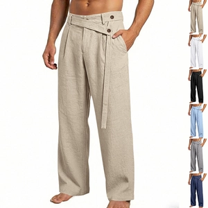 Men's loose linen straight pants with asymmetric waist and belt in multiple colors