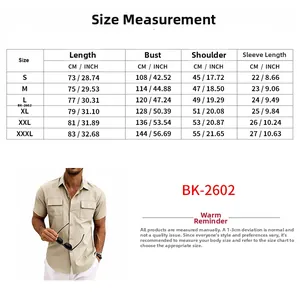 Detailed size chart for men's short sleeve cargo shirt with measurements in cm and inches
