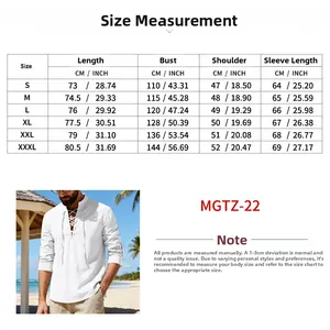 Detailed size chart for men's linen beach shirt with measurements for S to XXXL sizes