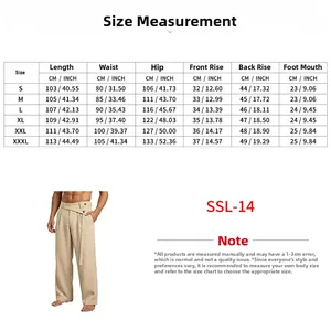 Detailed size chart for men's linen trousers showing measurements in cm and inches
