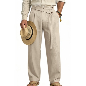 Detail of men's beige linen trousers featuring unique diagonal button waist design