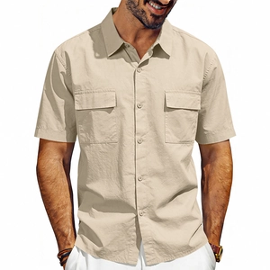 Detailed view of cargo shirt fabric texture with two flap pockets and classic buttons