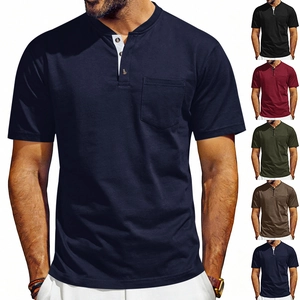 Men's Casual Henley T-Shirt Short Sleeve American Vintage Loose Fit Polyester Blend Tee With Pocket Contrast Color Placket
